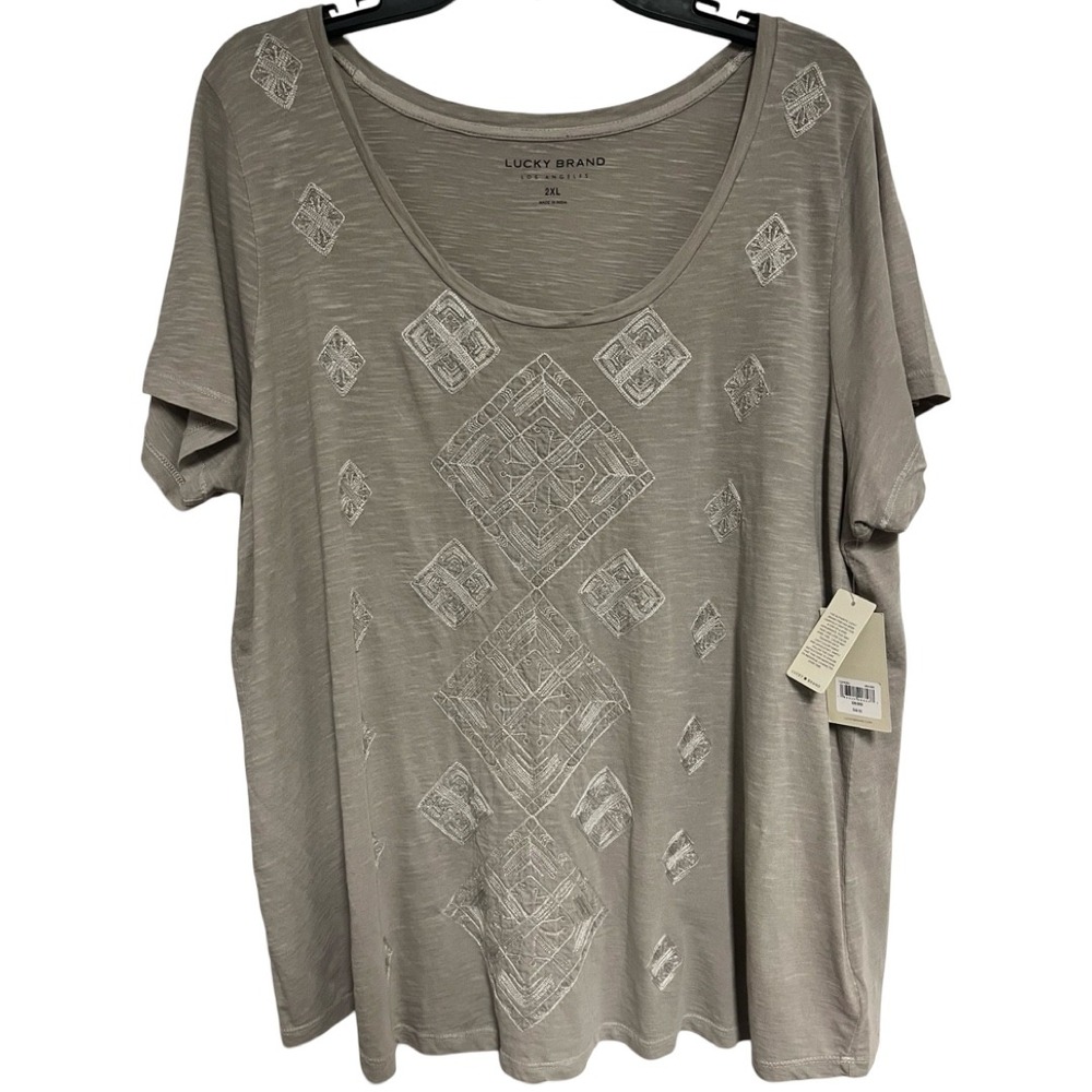 NWT Lucky Brand Womens 2XL Embroidered Slub Cotton Scoop Neck T-Shirt Taupe Grey